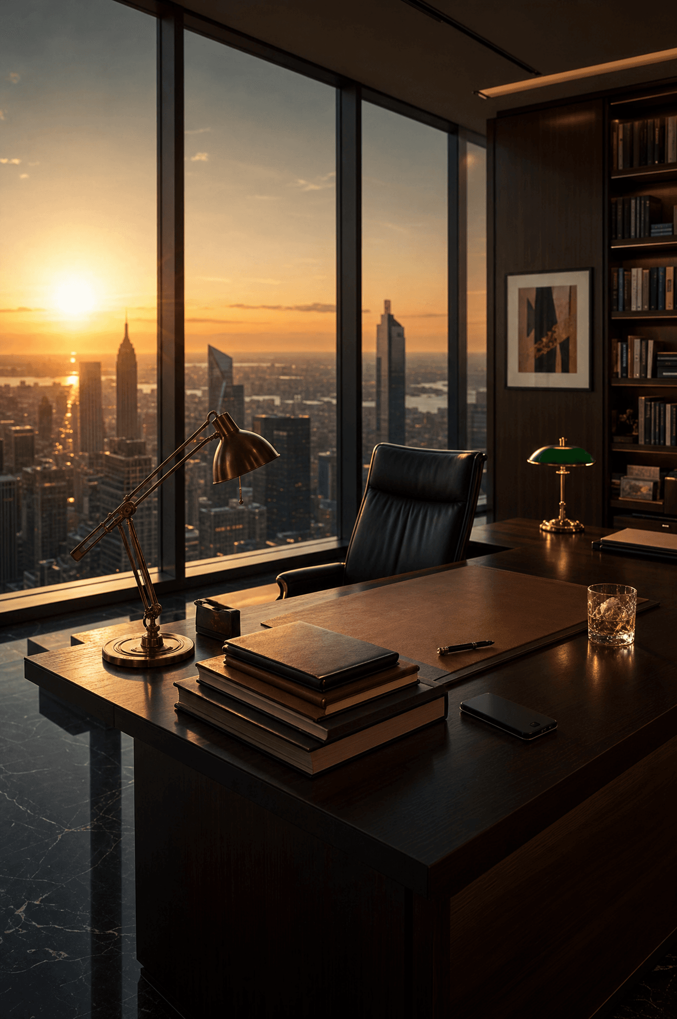 Rockstarr Media corner office — floor-to-ceiling windows over the city skyline at golden hour, executive desk, leather chair