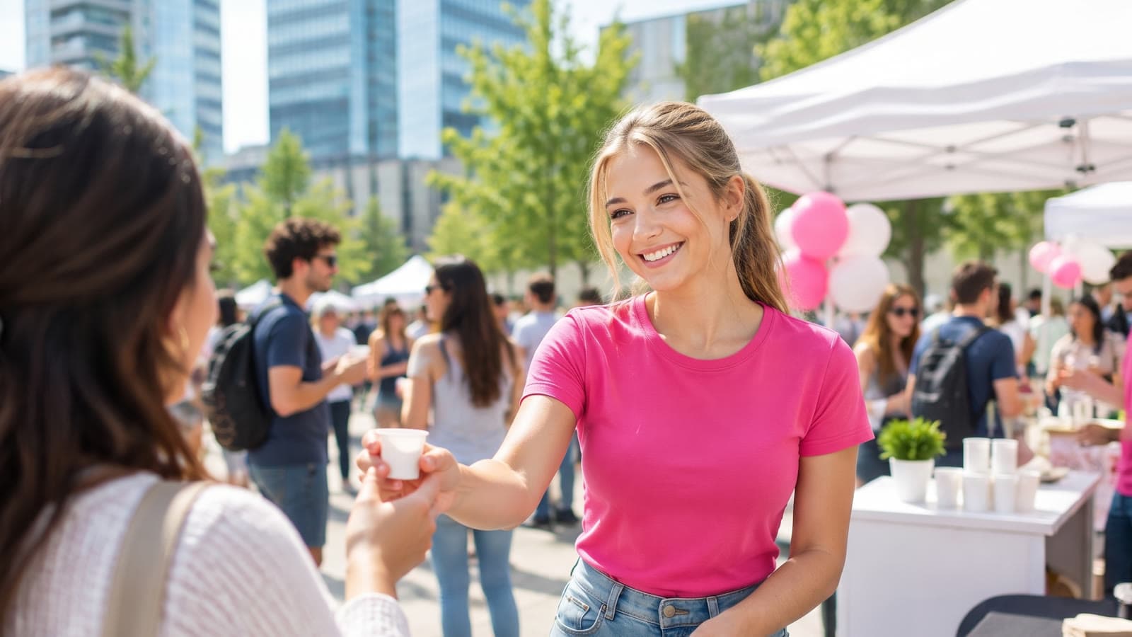 A smiling blonde brand ambassador hands a sample to a guest at an outdoor pop-up