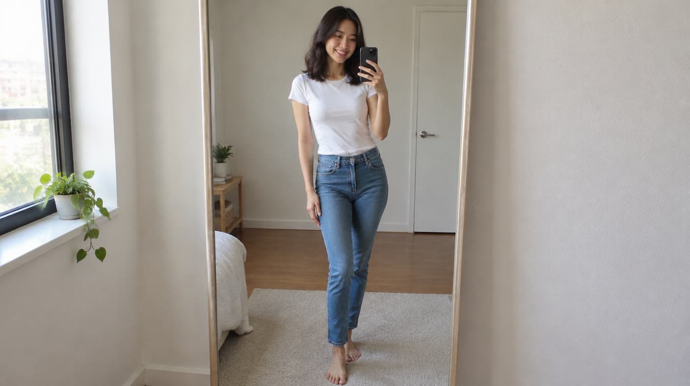 A new model practices poses in front of a mirror in her small apartment