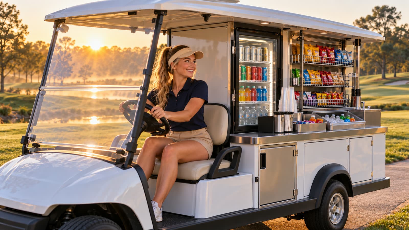 A smiling beverage cart girl drives a golf cart along the cart path at sunrise