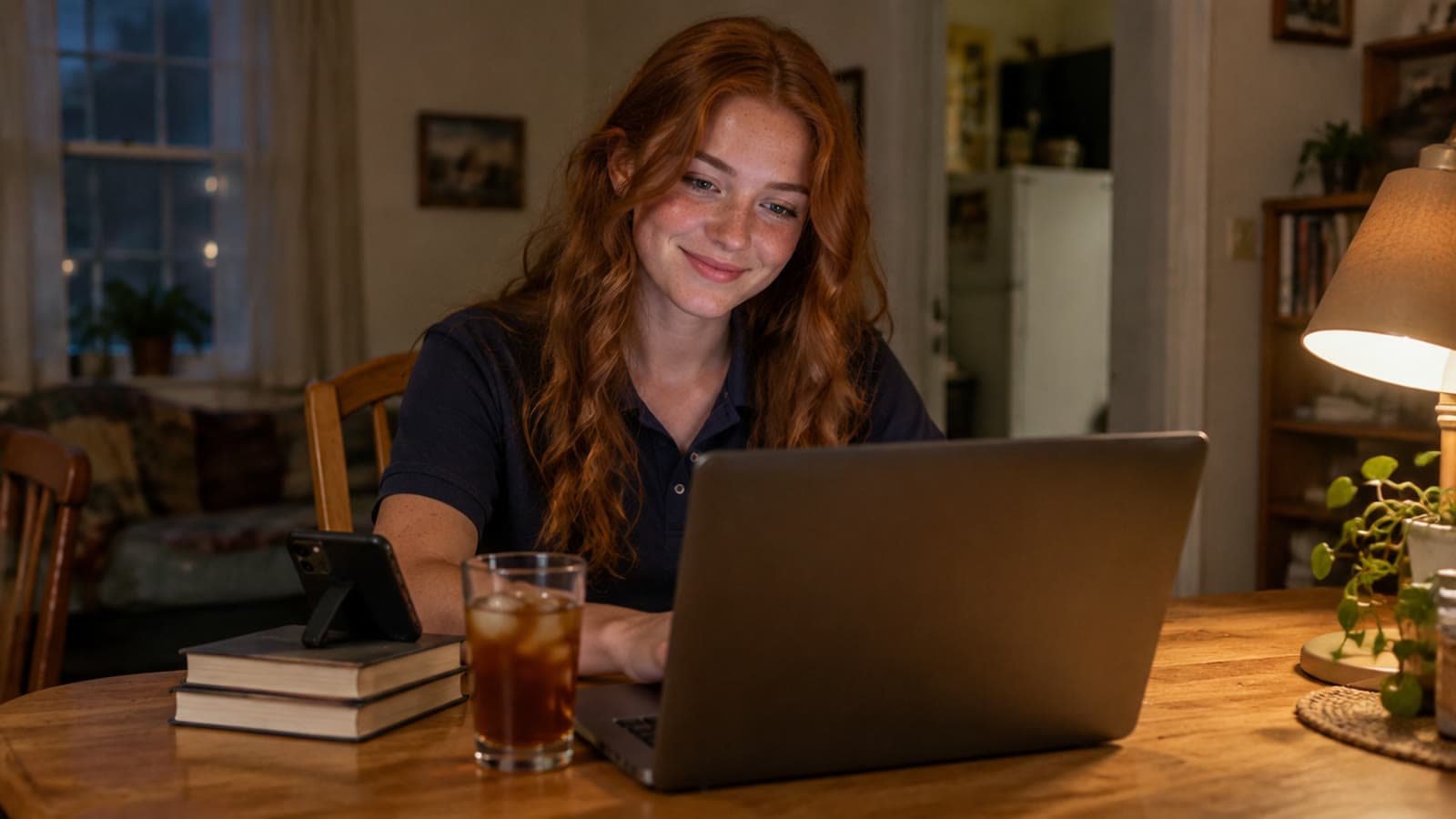 A smiling redhead with freckles, still in her navy work polo after a golf course shift, fills out a modeling application on a laptop at her kitchen table at night, the first step for a new face with no modeling experience