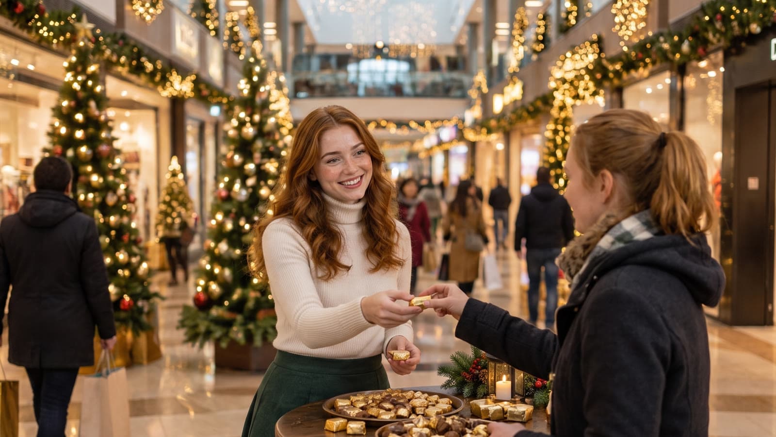 A redhead promo model offers chocolates to shoppers at a holiday sampling table in a decorated mall