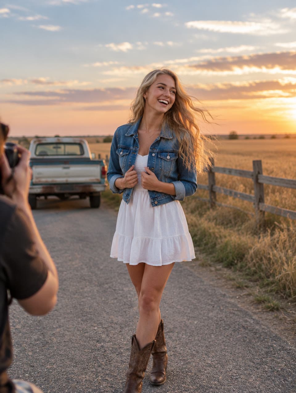 A young woman in a denim jacket laughs on a country road at sunset while a photographer takes her picture