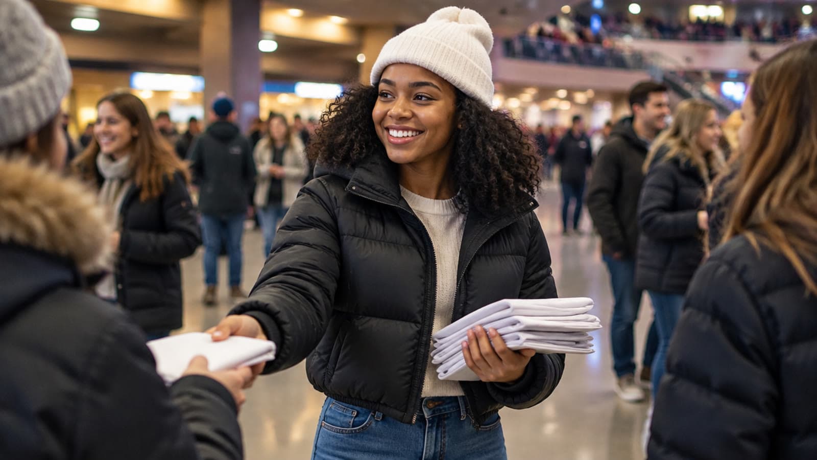 A smiling college girl in a white beanie works as event staff at an arena concourse in winter