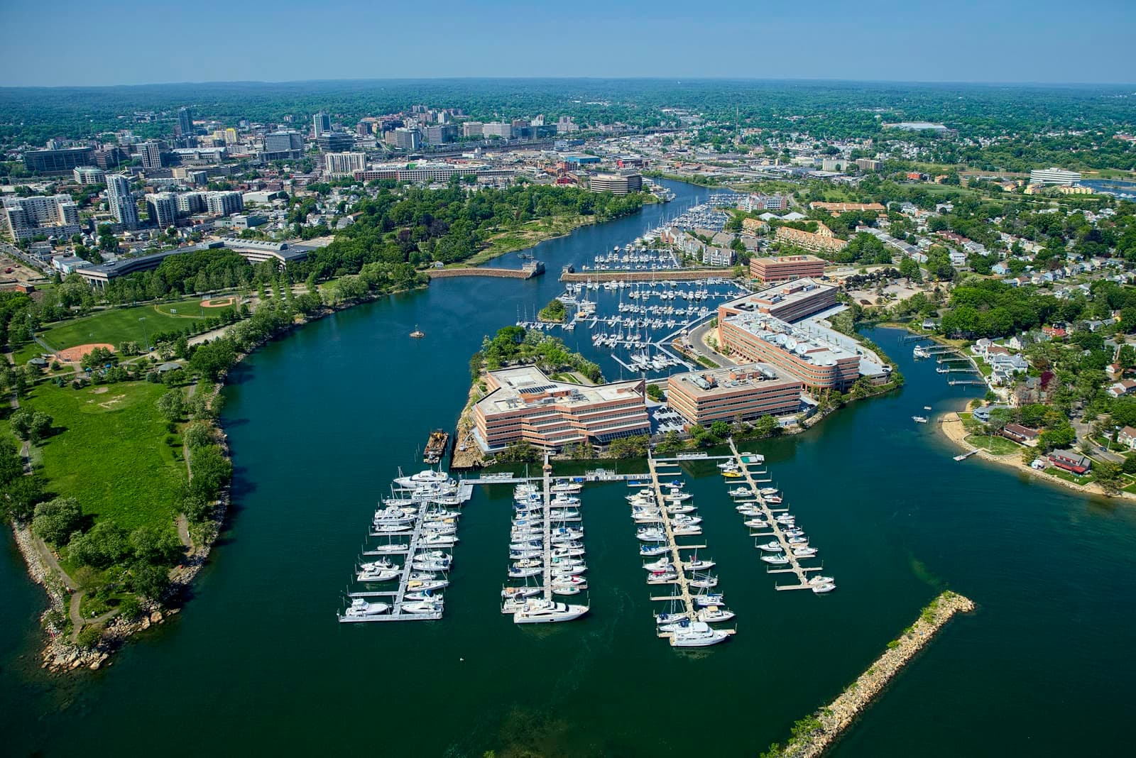 Stamford harbor and downtown from the air: Rockstarr Media is casting new faces in Stamford