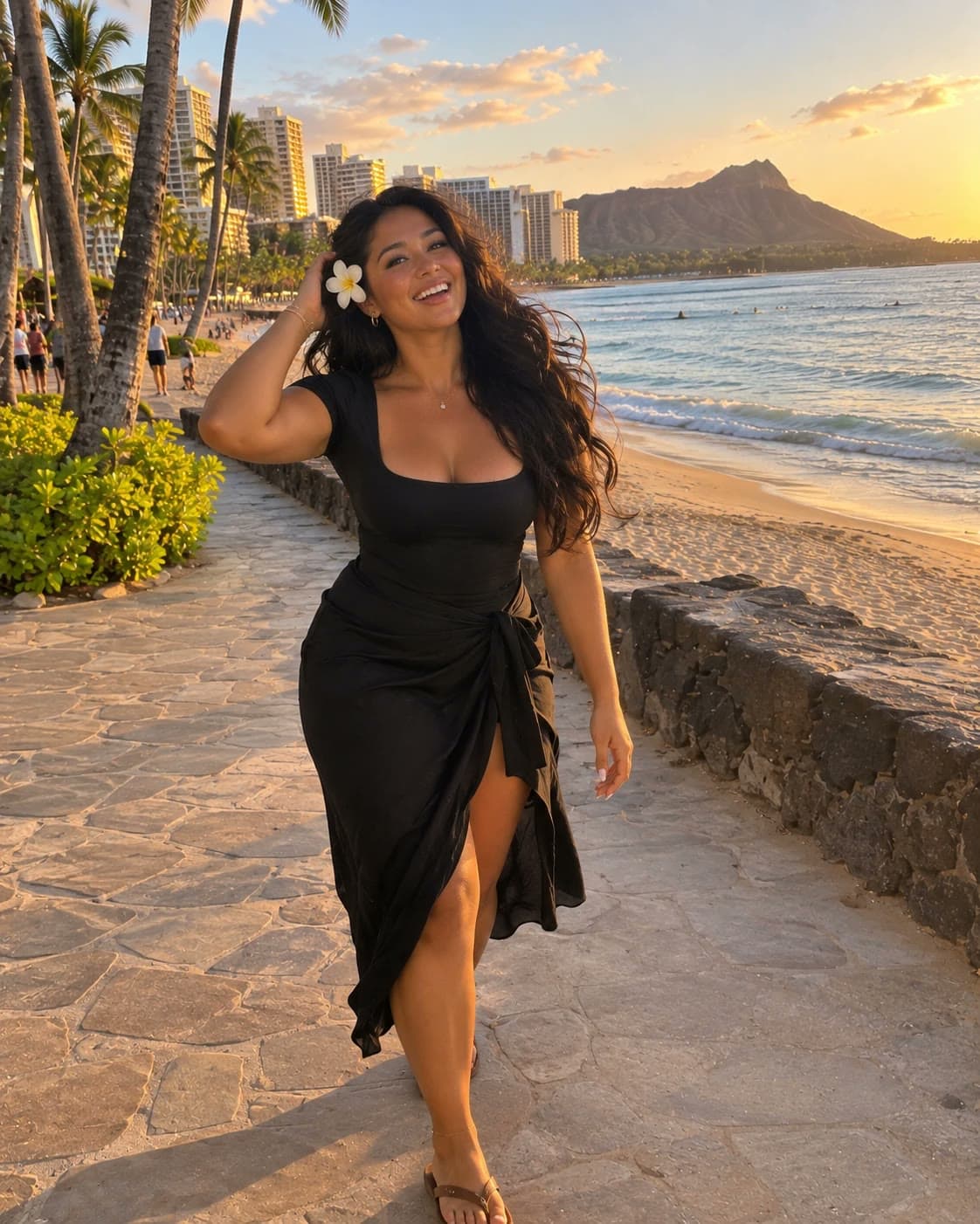 A smiling young woman with long wavy black hair and a white plumeria behind her ear walks along the Waikīkī beachfront path in a black dress at golden hour, Diamond Head and the Waikīkī hotels behind her: Rockstarr Media model casting in Honolulu, Hawaiʻi