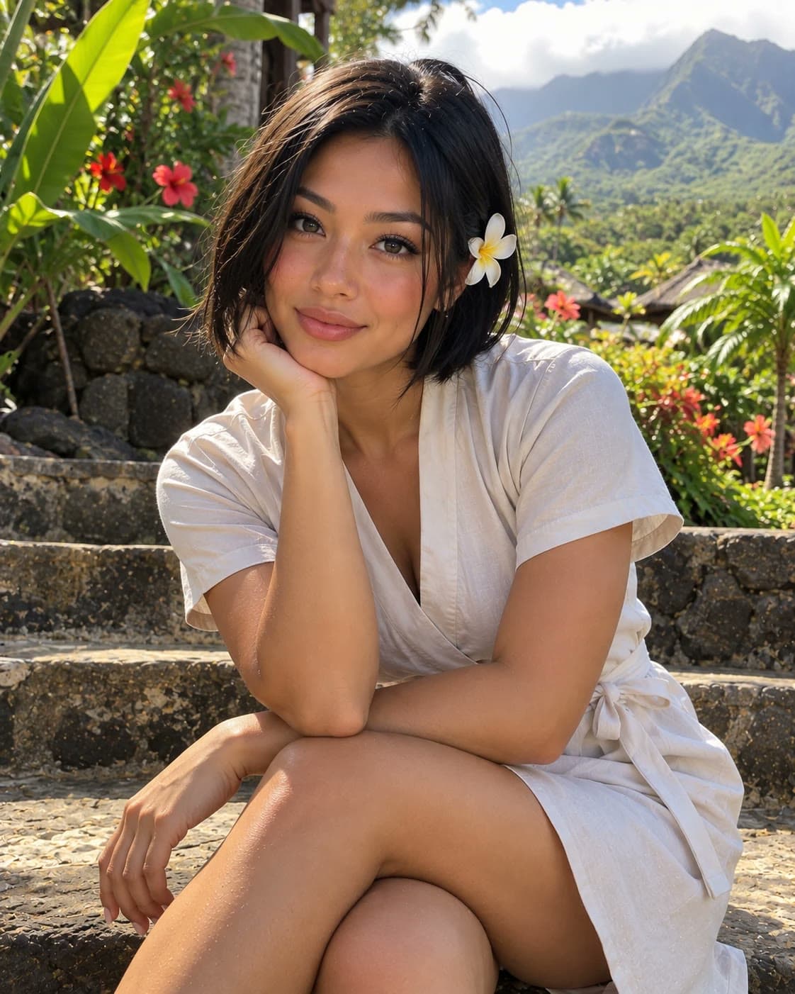 A young woman with a short black bob and a white plumeria in her hair sits on stone steps in a tropical garden in a white linen wrap dress, chin on her hand, red hibiscus and green mountains behind her: Rockstarr Media model casting on Maui