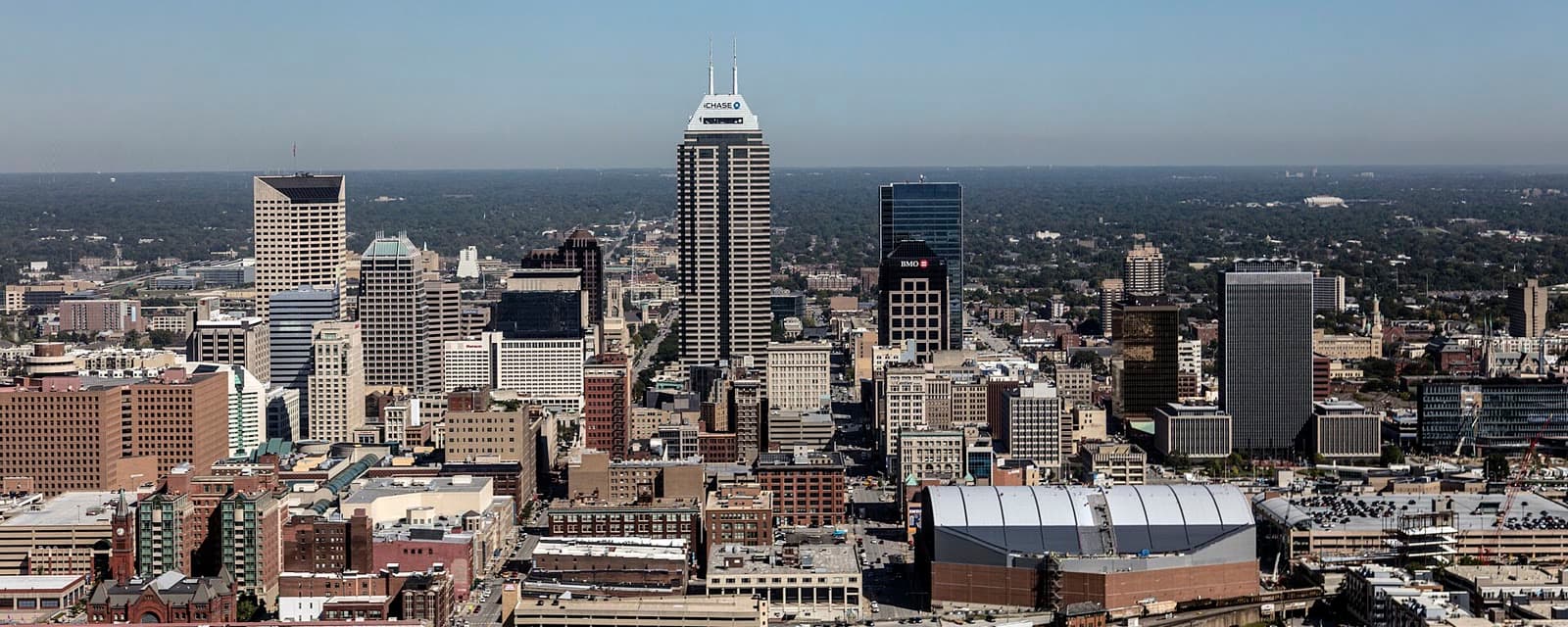 The downtown Indianapolis skyline from above on a clear day: Rockstarr Media is casting new faces in Indianapolis