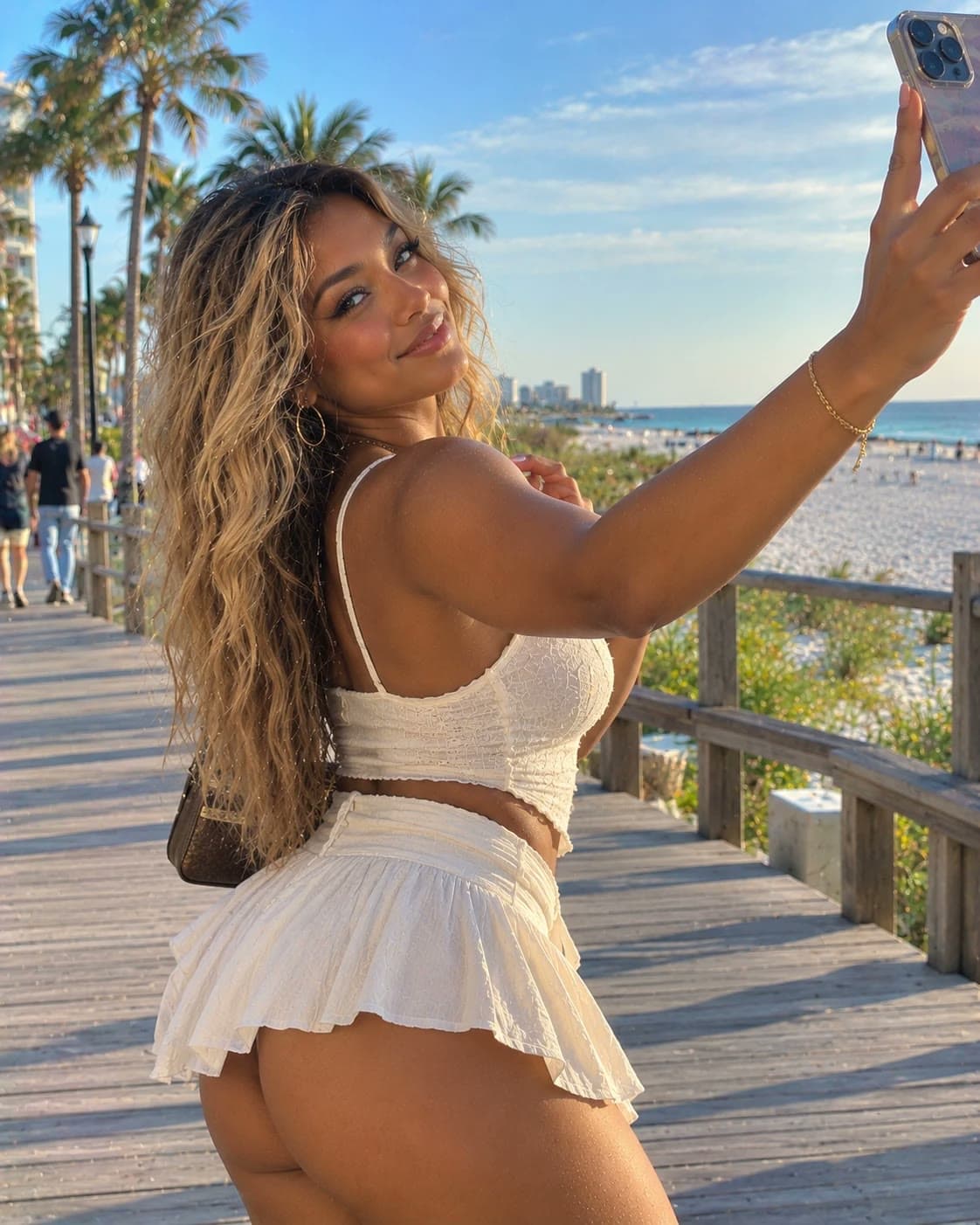 A young woman with long blonde waves takes a selfie on a sunny boardwalk, the beach and the ocean behind her: Rockstarr Media is casting new faces in Atlantic City