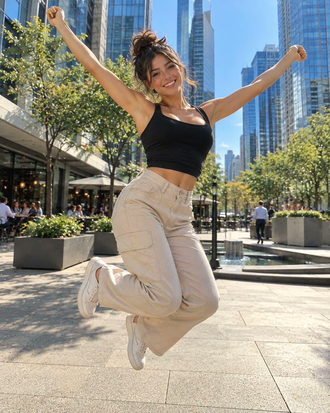 A brunette with a messy top bun jumps for joy with her arms up in a sunny Uptown Charlotte plaza, glass towers, a fountain and patio tables behind her: Rockstarr Media is casting new faces in Charlotte