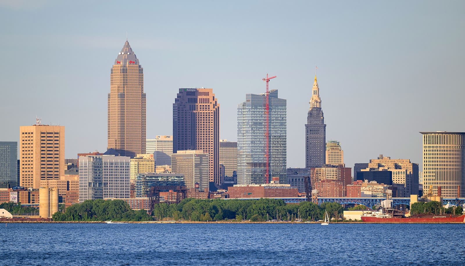 The downtown Cleveland skyline, with Key Tower and Terminal Tower, across Lake Erie from Lakewood Park: Rockstarr Media is casting new faces in Cleveland