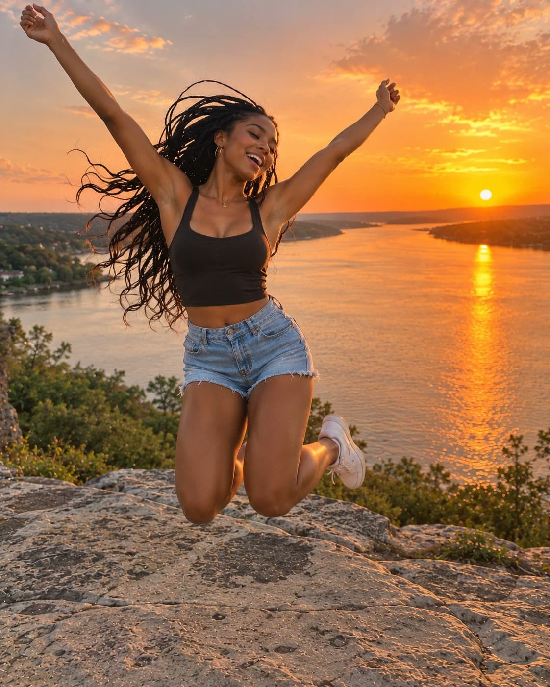 A young woman with long box braids jumps for joy with her arms up on a rocky bluff above a wide river at sunset: Rockstarr Media is casting new faces in Memphis