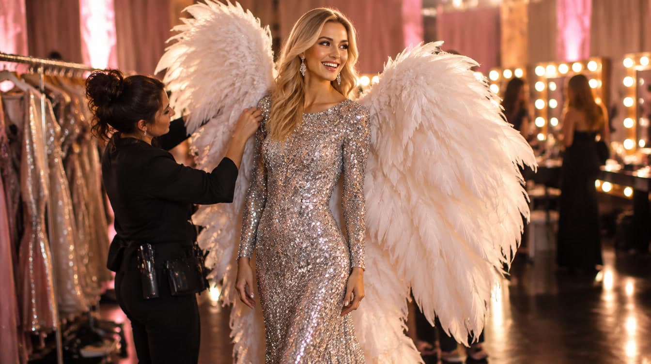 A model in white feather wings backstage at a fashion show