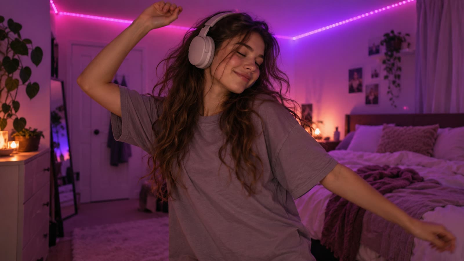 A young woman in big headphones dances with her eyes closed in her small bedroom lit by purple and pink LED lights, listening to dance and electronic music ahead of the 2027 Grammy nominations
