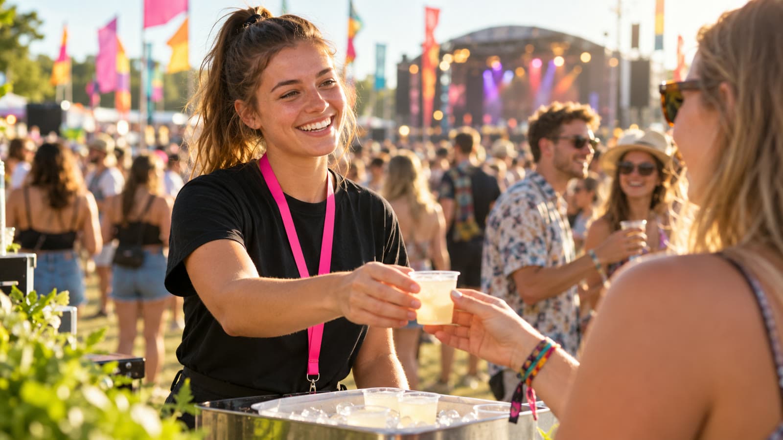 A smiling young woman working as festival event staff in a black t-shirt and hot pink lanyard hands a cold drink sample to a guest at a sunny outdoor music festival, one of the festival jobs girls 18+ can get paid for