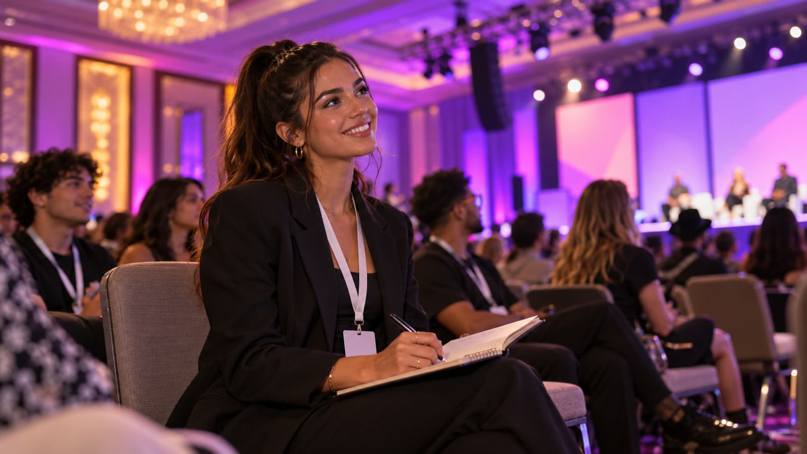 A smiling young woman in a black blazer with a conference lanyard takes notes in a Las Vegas hotel ballroom lit purple and pink, a panel on stage behind her, at an electronic music industry conference during EDC week
