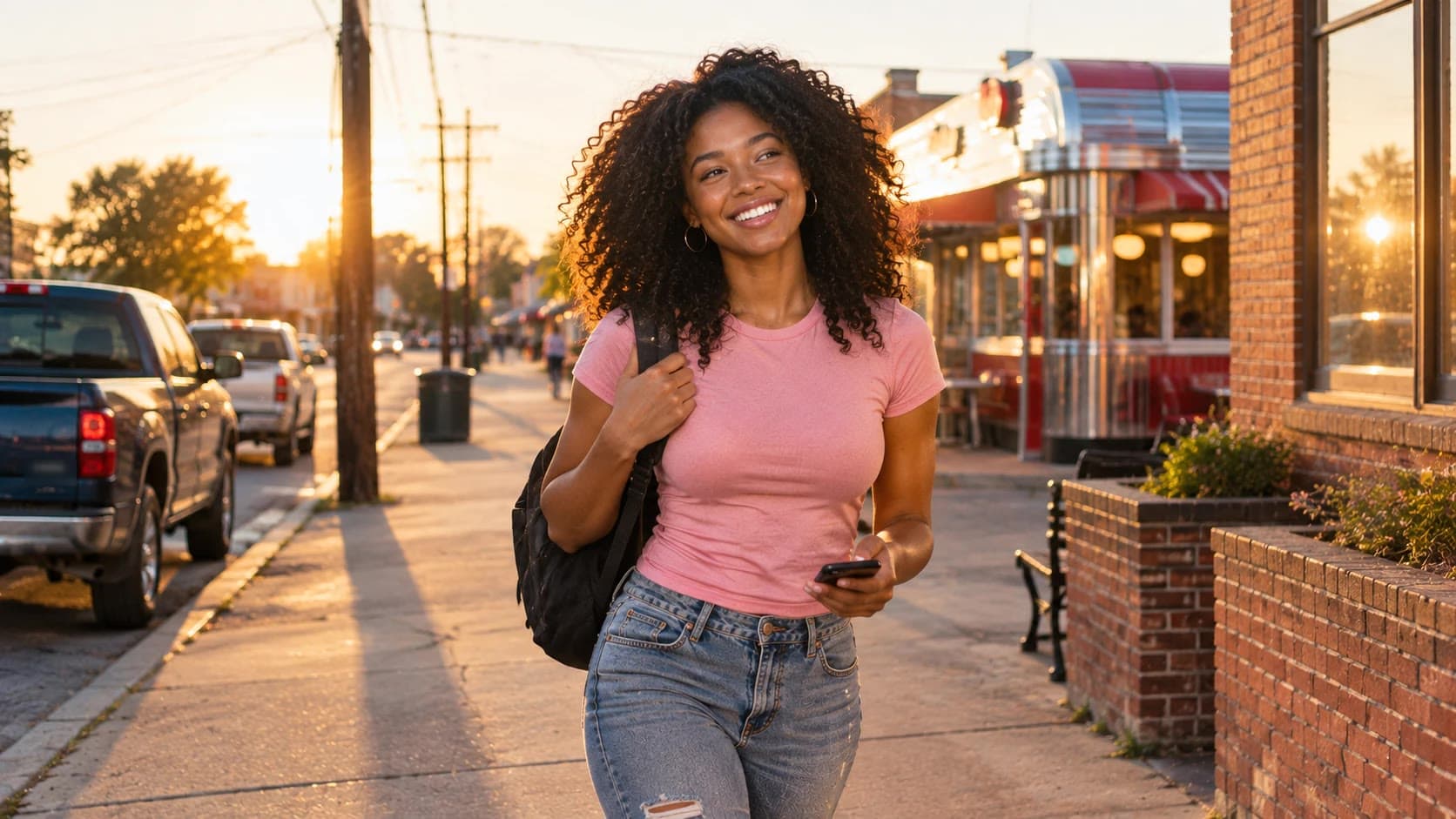 A young woman walks down a small-town main street at sunset, starting her modeling journey