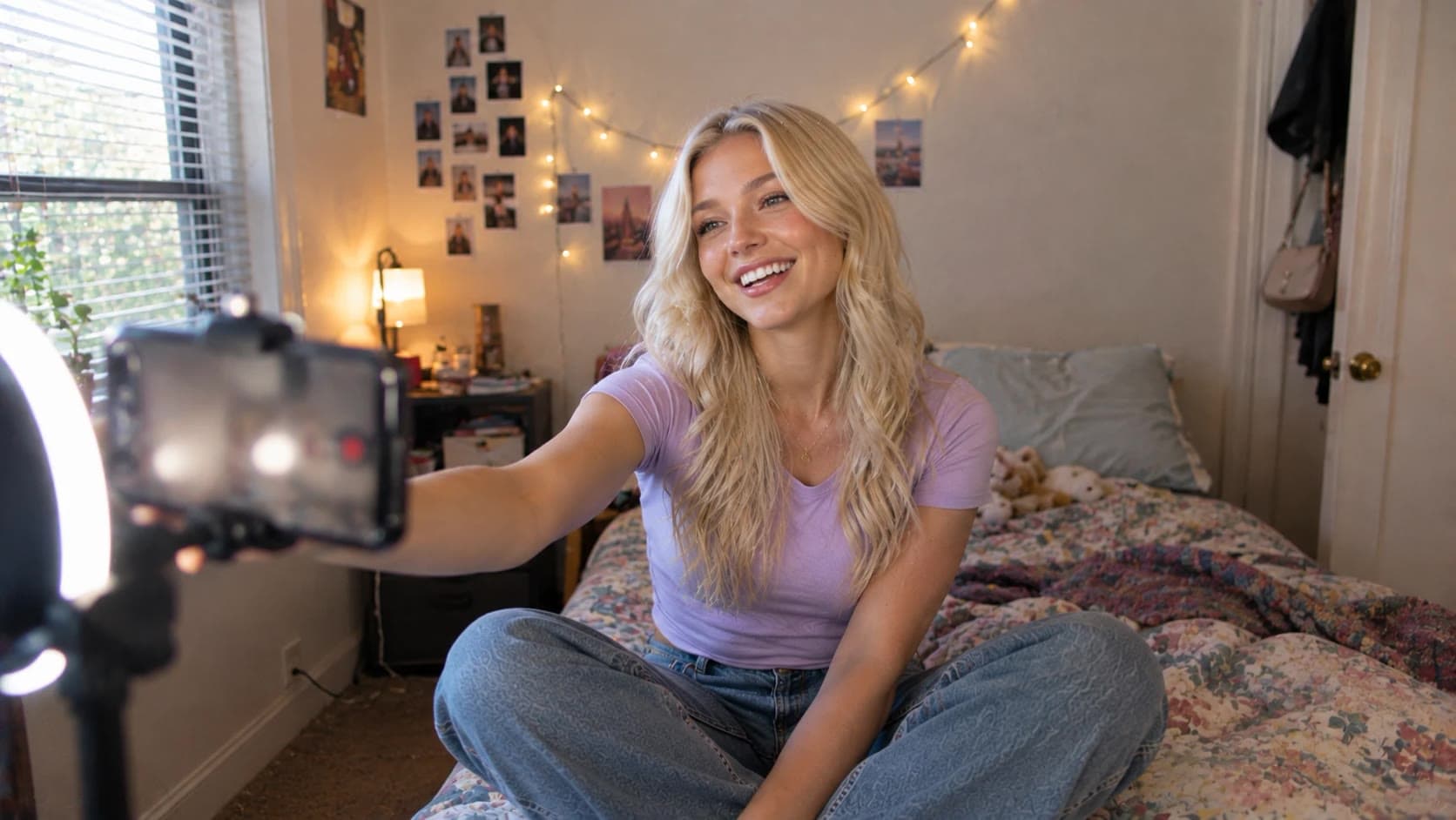A blonde new model filming a selfie video for Instagram and TikTok on her bed with a small ring light