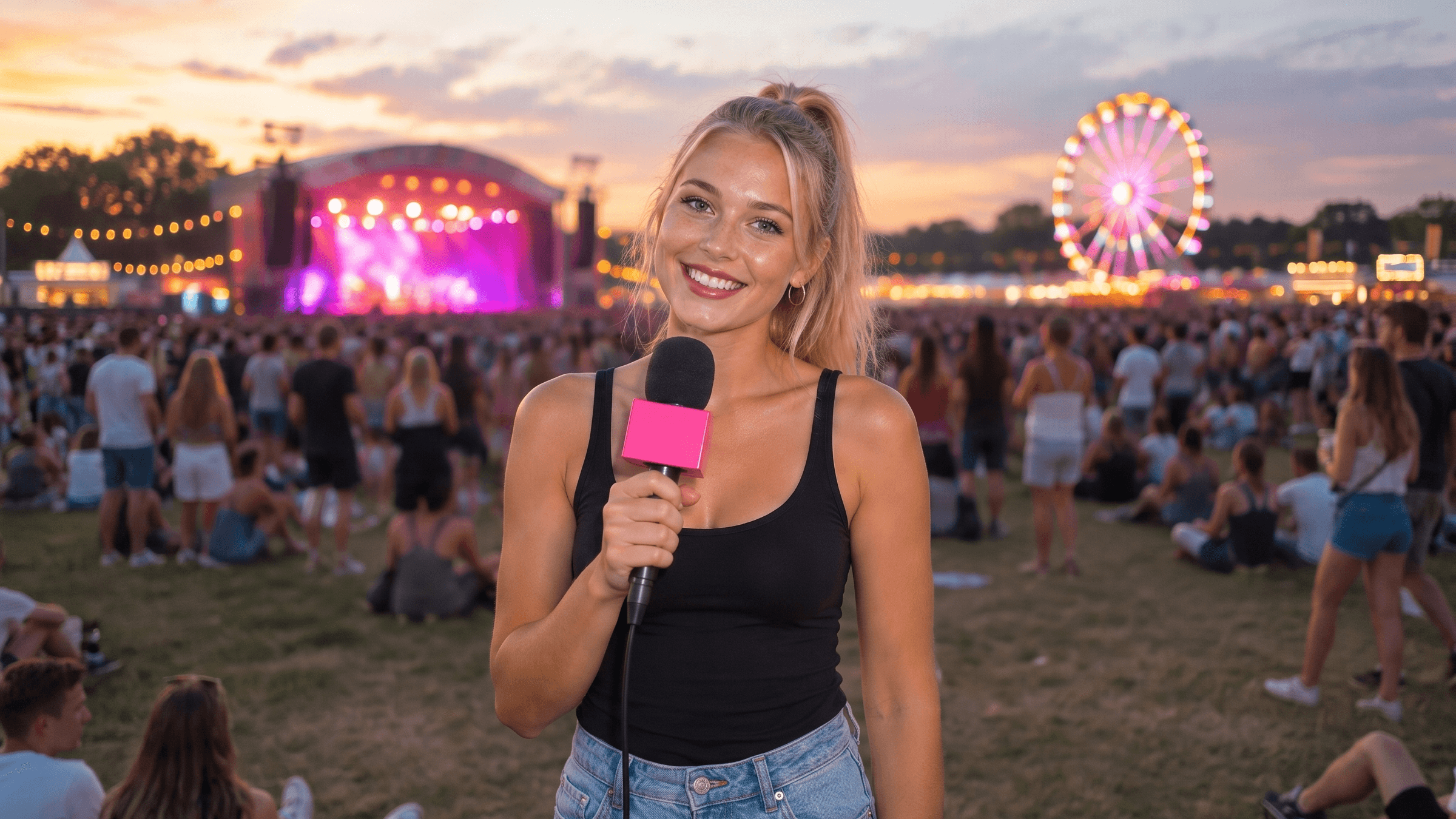 A festival reporter with a microphone in front of a festival crowd