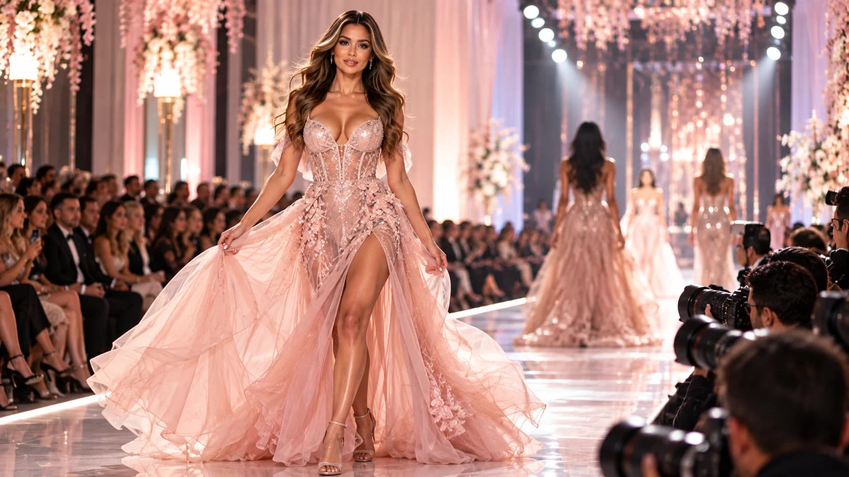 A runway model in a blush gown at a fashion show