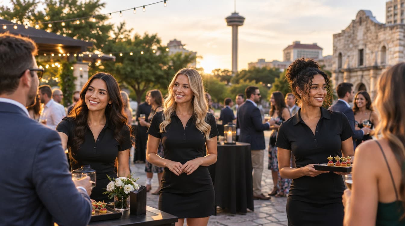 Promotional models and brand ambassadors greeting guests at an evening brand activation in San Antonio, Texas