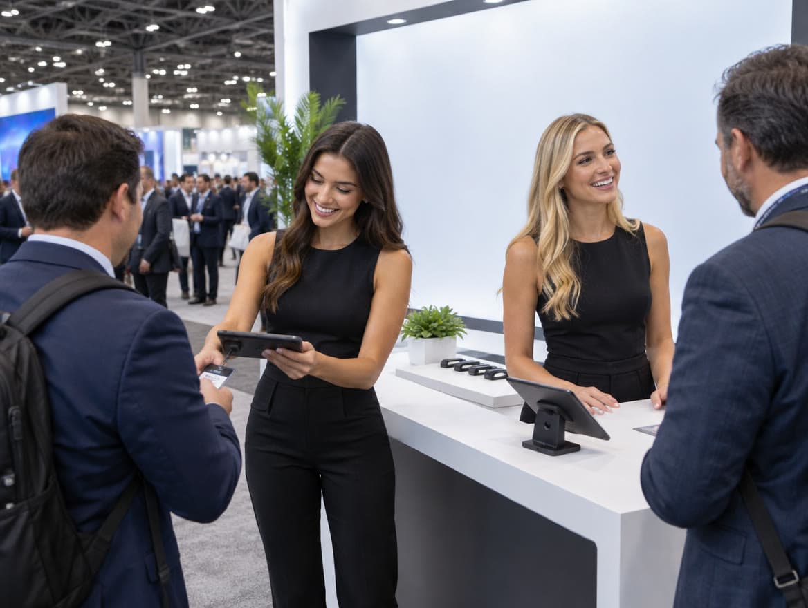 Trade show models greeting attendees and scanning badges at a convention booth